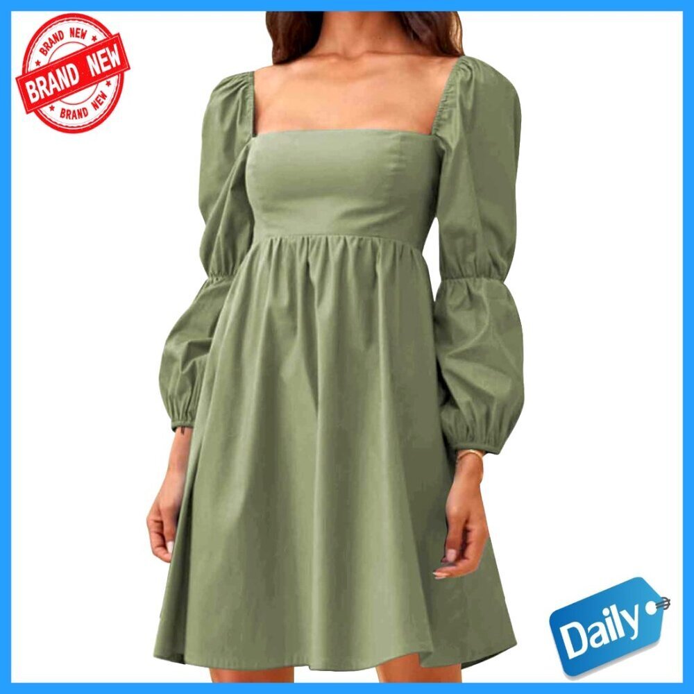 Square Neck Puff Sleeve A-Line Mini Dress Long Sleeve Casual